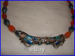 Antique Qing Chinese Carnelian Cloisonne Silver Kilin Dragon Necklace