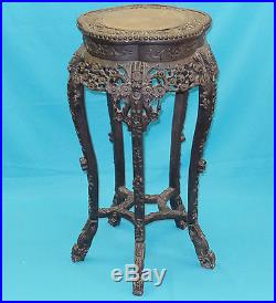 Antique Qing Chinese Heavy Carved Wood Dragon Motif Jardiniere Stand Marble Top
