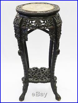 Antique Qing Chinese Heavy Carved Wood Dragon Motif Marble Top Jardiniere Stand