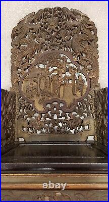 Antique Qing Chinese Hong Mu Carved Wood Garden Scene Dragon Motif Throne Chair