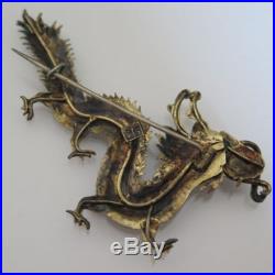 Antique Qing Chinese Kingfisher Feather Dragon 2.75 Brooch Pin