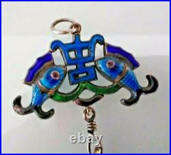 Antique Qing Chinese Medallion Amulet Enamel Twin Fish, Cloisonné Divine Dragon