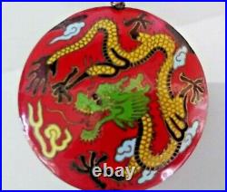 Antique Qing Chinese Medallion Amulet Enamel Twin Fish, Cloisonné Divine Dragon