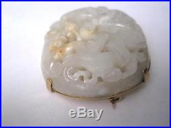 Antique Qing Dynasty Chinese Carved White Jade Dragon Brooch in 18KT Gold Bezel
