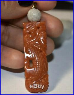 Antique RARE Red Jadeite Carved Dragon 14k Pendant Chinese Estate Jewelry
