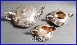 Antique Rare Chinese Wang Hing Sterling Silver Tea Coffee Set Dragon Decor 19thC