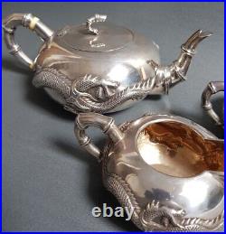 Antique Rare Chinese Wang Hing Sterling Silver Tea Coffee Set Dragon Decor 19thC