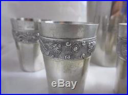 Antique STERLING SILVER CHINESE SILVER dragon Cocktail shaker & eight beakers