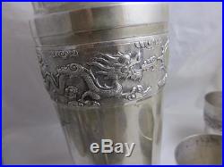 Antique STERLING SILVER CHINESE SILVER dragon Cocktail shaker & eight beakers
