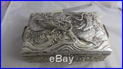 Antique STERLING SILVER CHINESE SILVER dragon box 21x14 x7.5cm WAH HING MAKER