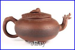 Antique Signed Early 20c Chinese Incised Dragon Motif Redware Pottery Teapot