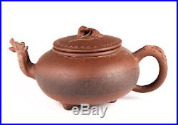 Antique Signed Early 20c Chinese Incised Dragon Motif Redware Pottery Teapot