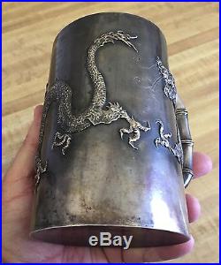 Antique Signed Wang Hing Chinese Sterling Silver Dragon Mug Bowling Trophy 1904