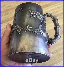 Antique Signed Wang Hing Chinese Sterling Silver Dragon Mug Bowling Trophy 1904