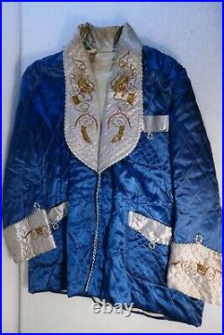 Antique Smoking Jacket Silk Chinese Embroidered Blue And Silver Dragons Medium