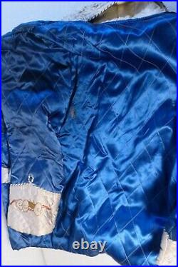 Antique Smoking Jacket Silk Chinese Embroidered Blue And Silver Dragons Medium