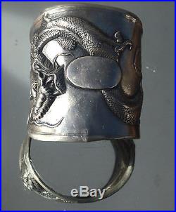 Antique Solid Sterling Silver 925 Chinese Export Dragon Cuff Bracelet Wang Hing