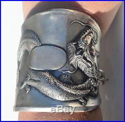 Antique Solid Sterling Silver 925 Chinese Export Dragon Cuff Bracelet Wang Hing