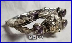 Antique Sterling Silver Chinese Wide Cuff Bracelet Amethyst Snake Dragon Bangle