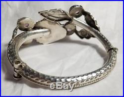 Antique Sterling Silver Chinese Wide Cuff Bracelet Amethyst Snake Dragon Bangle