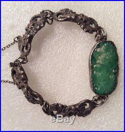 Antique Sterling Silver Dragon & Green Jade Bracelet Chinese