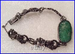 Antique Sterling Silver Dragon & Green Jade Bracelet Chinese