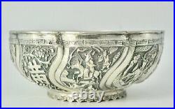 Antique Sterling Silver Rice Bowl China Convex Dragons Bamboo Guilloche Rare19th