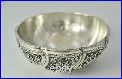 Antique Sterling Silver Rice Bowl China Convex Dragons Bamboo Guilloche Rare19th