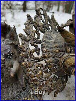 Antique Tibetan Guardian Dragons Wall Sconce Set Brass Bronze Chinese Buddhist