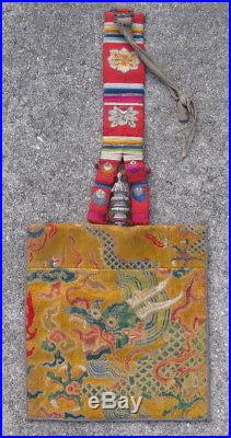 Antique Tibetan ritual water bottle flask 17thC Chinese silk brocade dragon Ming