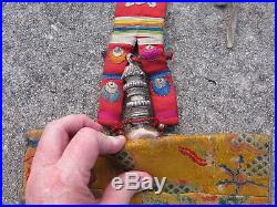 Antique Tibetan ritual water bottle flask 17thC Chinese silk brocade dragon Ming