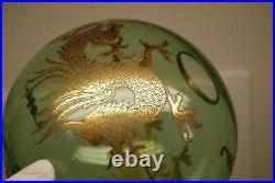 Antique Victorian Gwtw Green Glass Gilt Chinese Japanese Dragon Oil Lamp Shade