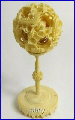 Antique Victorian Hand Carved Bovine Bone Puzzle Ball on Stand 4.75 Chinese