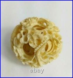 Antique Victorian Hand Carved Bovine Bone Puzzle Ball on Stand 4.75 Chinese