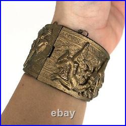 Antique Victorian Pinchbeck Bracelet Chinese Dragon Repousse Hinged Bangle Cuff