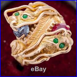 Antique Vintage 1920 Deco 14k Gold Chinese Sapphire Jade Double Dragon Ring Sz 4
