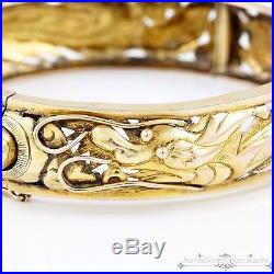 Antique Vintage Art Deco 14k Gold Chinese Carved Dragon Bangle Chased Bracelet