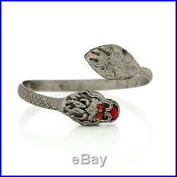 Antique Vintage Art Deco Sterling 900 Silver Chinese Dragon Coral Cuff Bracelet
