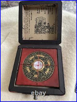 Antique Vintage CHINESE BRONZE FENG SHUI LON PON COMPASS Wood 5-Toed Dragon Box