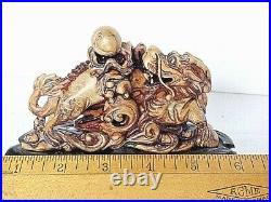 Antique/Vintage Carved Soapstone Dragon with Ball on Fitted Ebony Stand Chinese