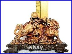Antique/Vintage Carved Soapstone Dragon with Ball on Fitted Ebony Stand Chinese