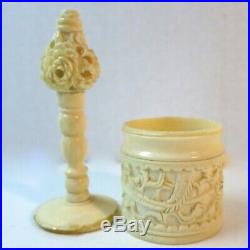 Antique Vintage Carved Thimble Spool Case Japanese Chinese Dragon Figural Scenic