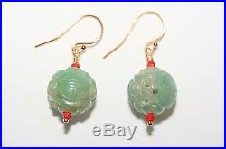 Antique Vintage Chinese 14K Gold Carved Apple Green Jade Dragon Coral Earrings