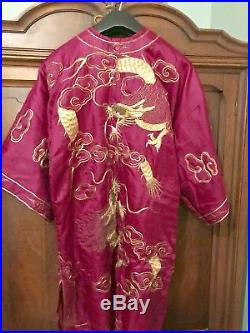 Antique Vintage Chinese Gold Thread Metallic Embroidery SILK ROBE Large DRAGON