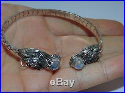 Antique Vintage Chinese Repoussé Sterling Silver Moonstone Dragon Cuff Bracelet