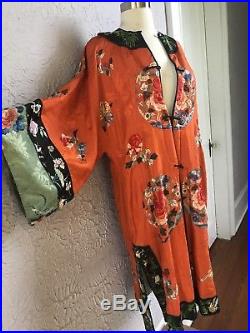 Antique Vintage Chinese Silk Hand Embroidered Robe Butterfly Koi Dragon