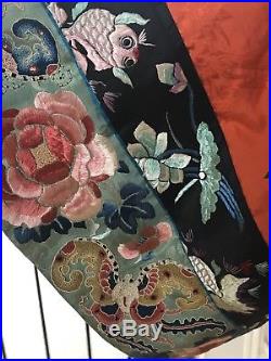 Antique Vintage Chinese Silk Hand Embroidered Robe Butterfly Koi Dragon