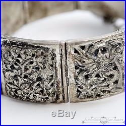 Antique Vintage Deco Sterling Silver Chinese Dragon Phoenix Filigree Bracelet