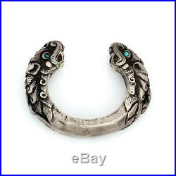 Antique Vintage Deco Sterling Silver Chinese Dragon Turquoise HUGE Cuff Bracelet