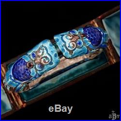 Antique Vintage Deco Sterling Silver Chinese Enamel Dragon Bangle Cuff Bracelet
